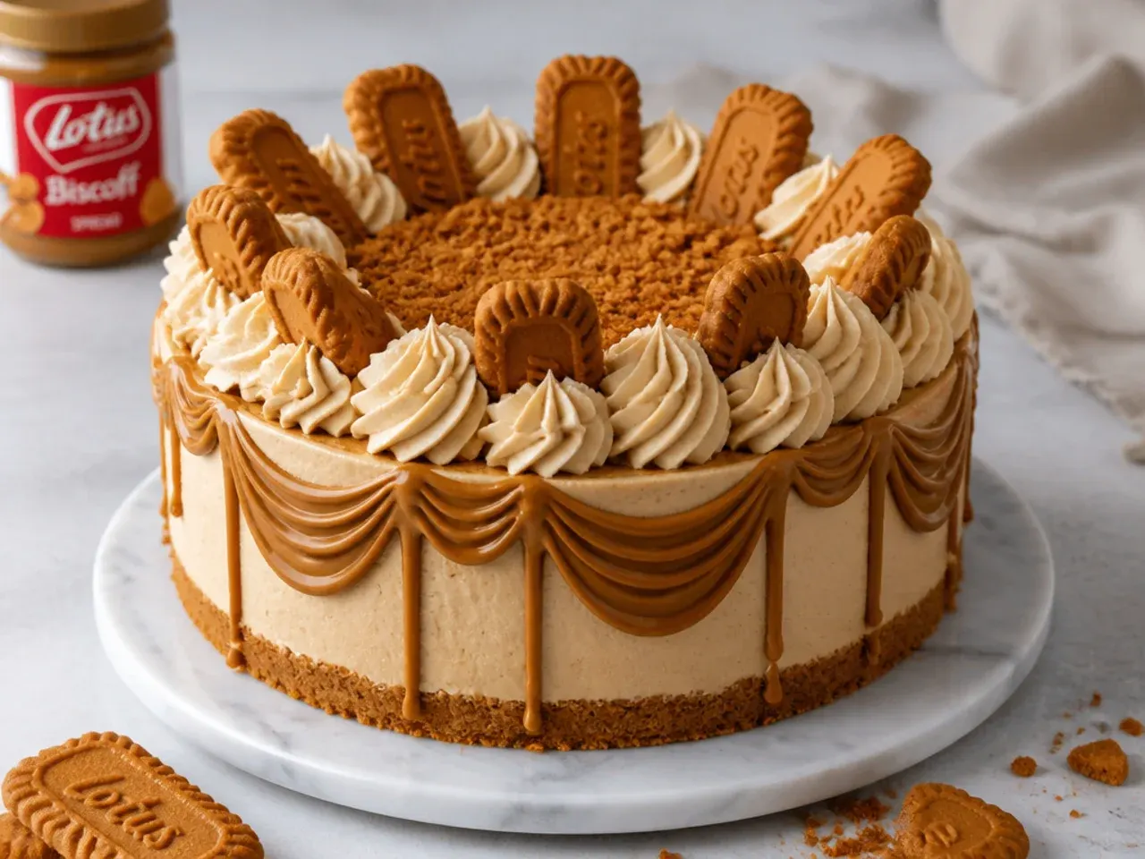 biscoff cheesecake designs — whimsical dripping-ganache curtain