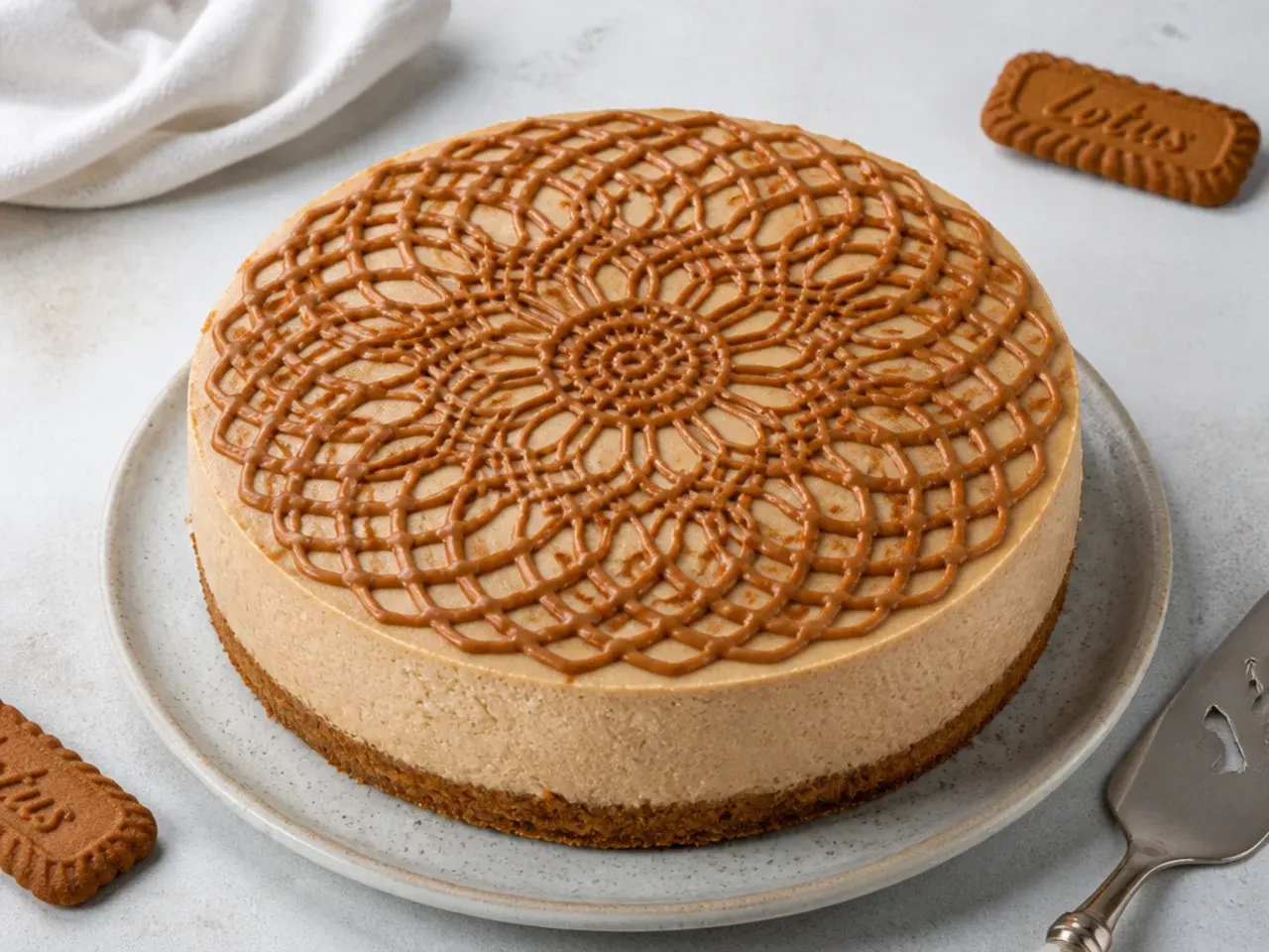 biscoff cheesecake designs — delicate lace drizzle pattern