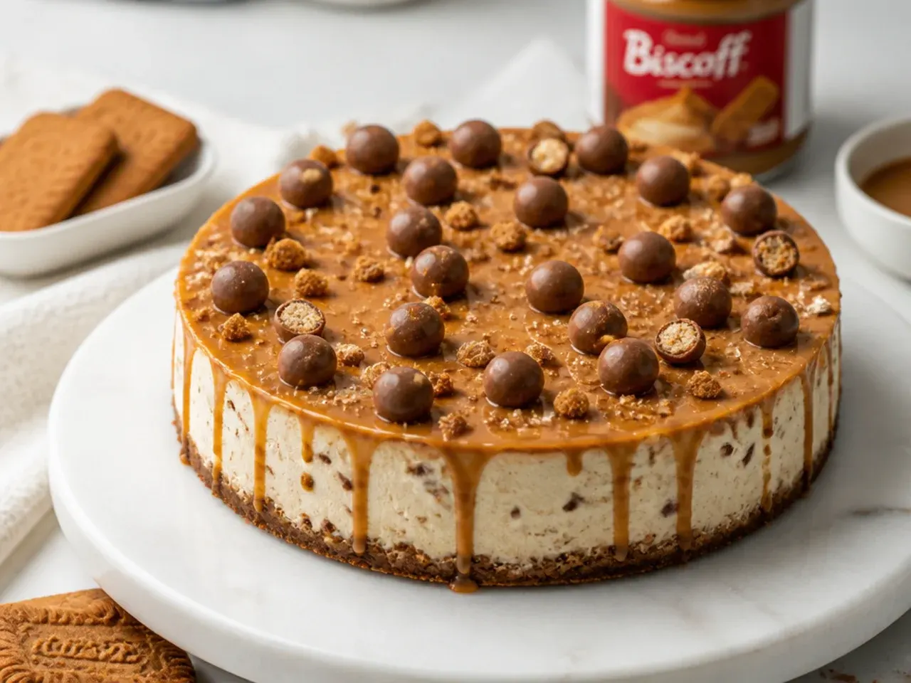 biscoff cheesecake designs — playful speckled malt-ball top