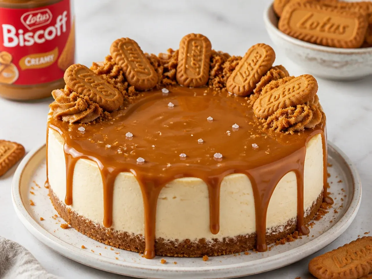 biscoff cheesecake designs — rustic salted-caramel pour