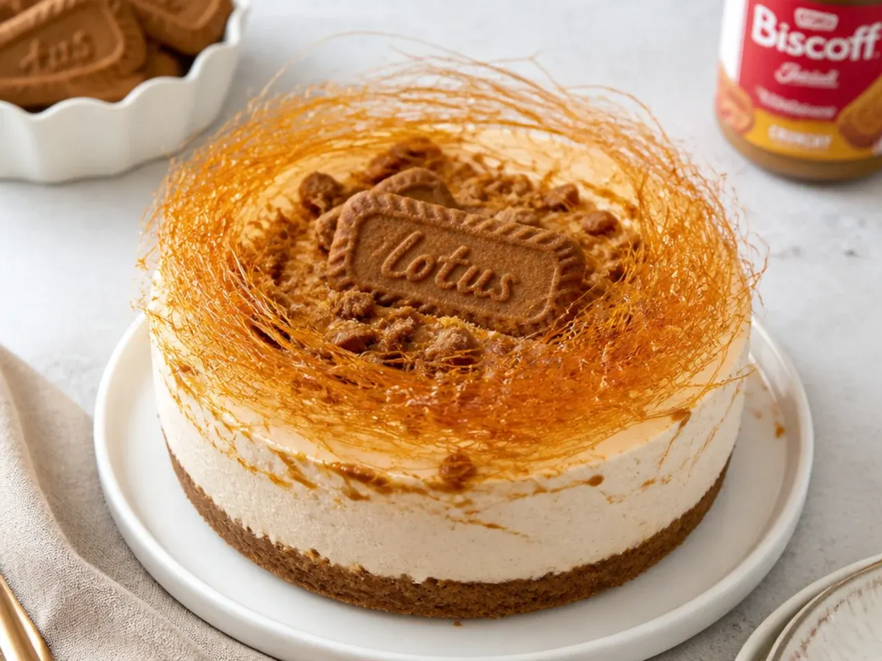 biscoff cheesecake designs — whimsical spun-caramel nest