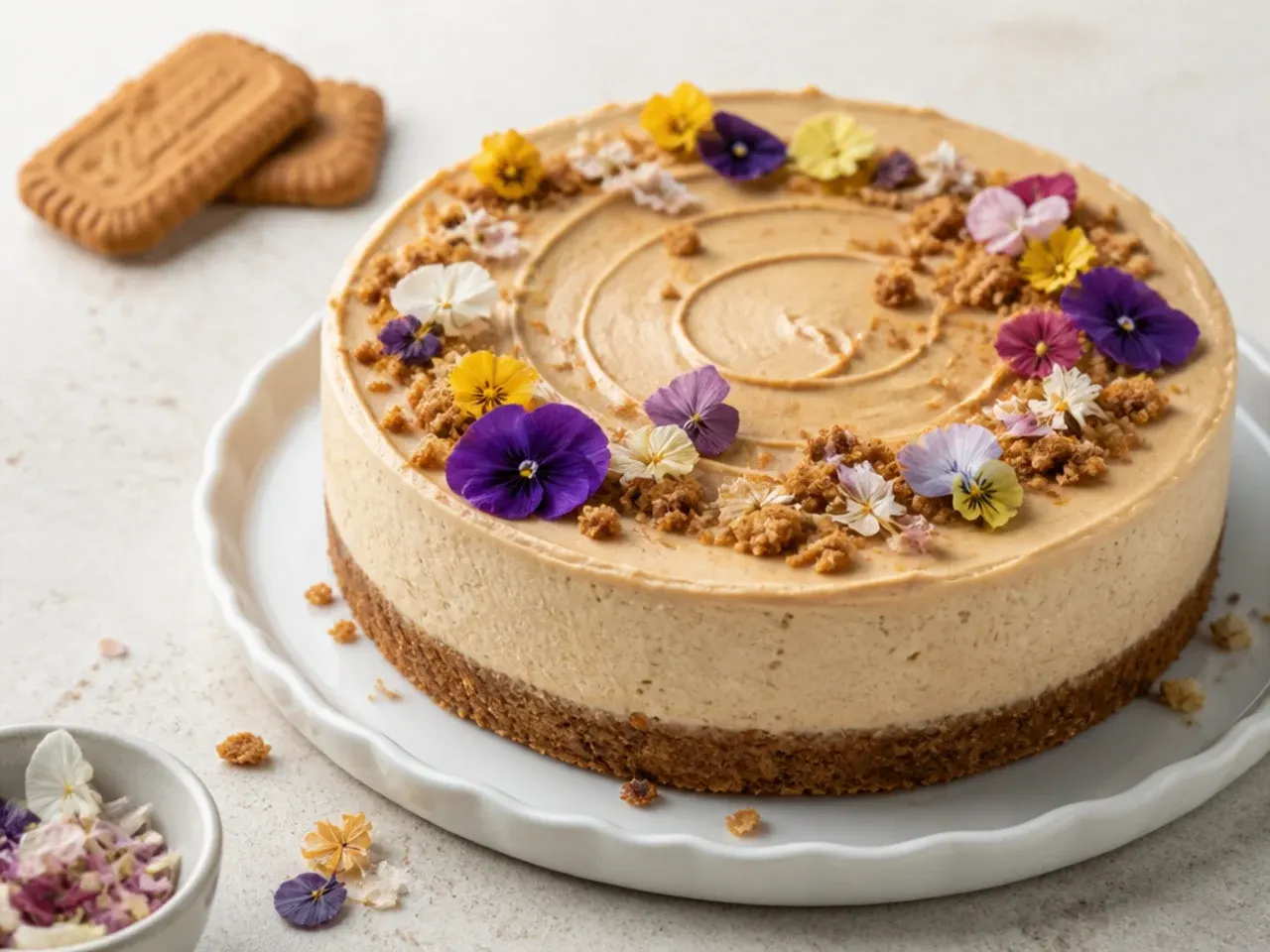 biscoff cheesecake designs — delicate edible-flower scatter