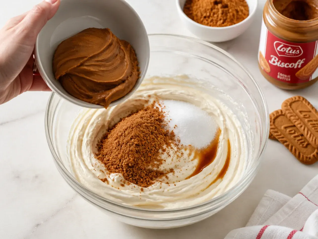 biscoff cheesecake dip — step 3: add biscoff, sugar, and vanilla