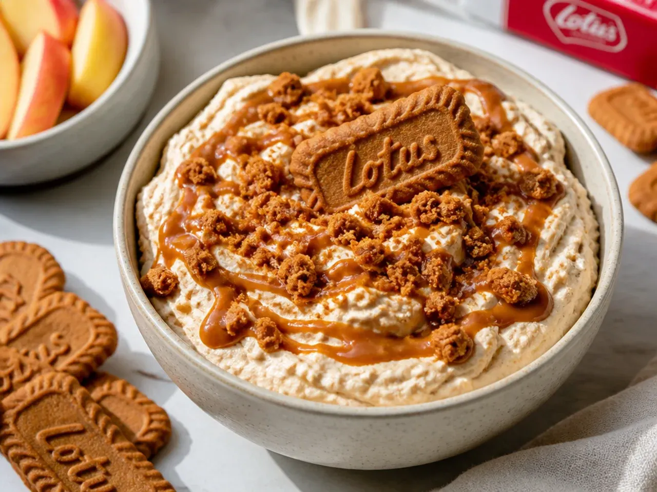 Creamy biscoff cheesecake dip in a bowl topped with crushed Lotus cookies and a cookie butter drizzle