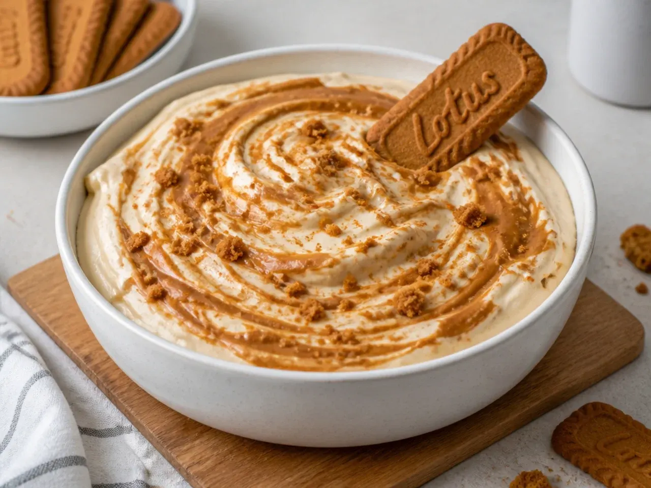 Classic biscoff cheesecake dip with a marbled cookie butter swirl and a whole Lotus cookie