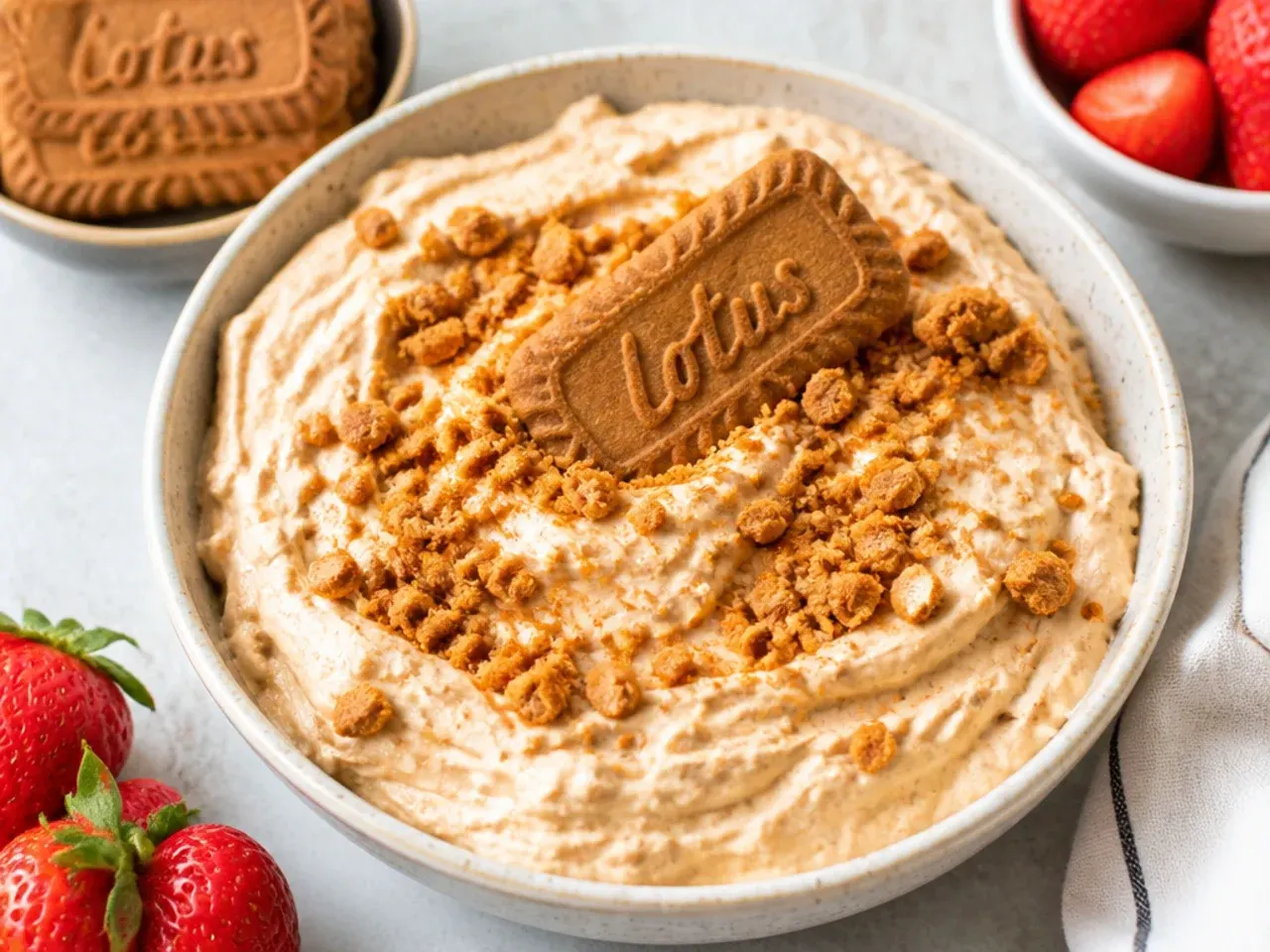 Easy no-bake biscoff cheesecake dip made in one bowl with whipped topping and Lotus cookies