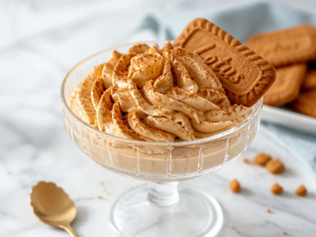 Elegant piped biscoff cheesecake dip rosettes in glass coupes dusted with cinnamon