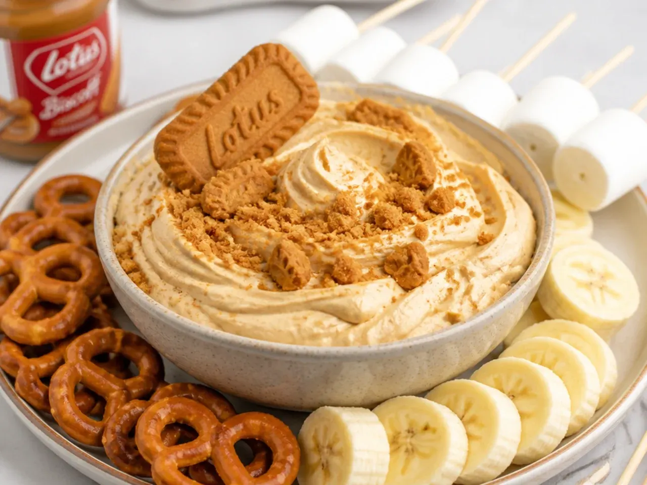 Playful biscoff cheesecake dip surrounded by pretzels, banana coins, and marshmallow skewers