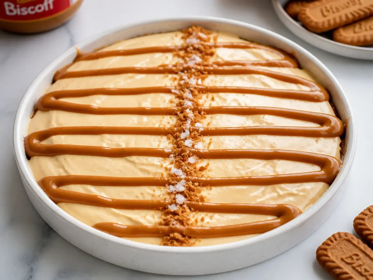 Modern biscoff cheesecake dip spread flat with caramel stripes and a line of flaky sea salt