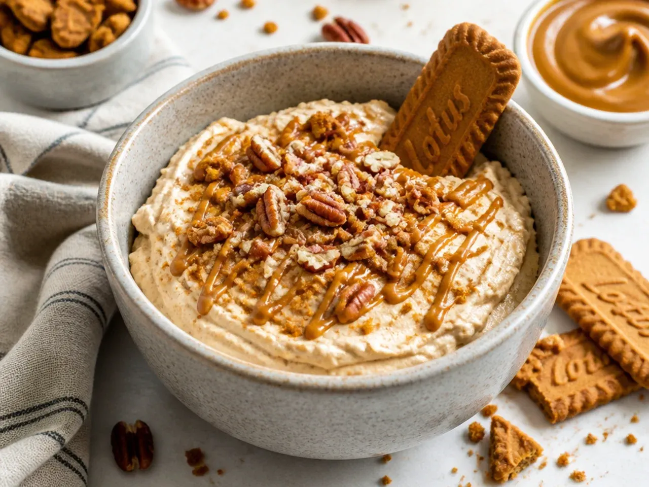 Rustic biscoff cheesecake dip in a stoneware crock with broken cookies, caramel, and pecans