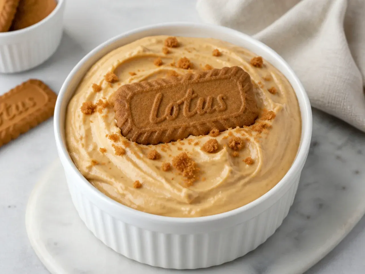 Minimal biscoff cheesecake dip in a white ramekin with one centered Lotus cookie