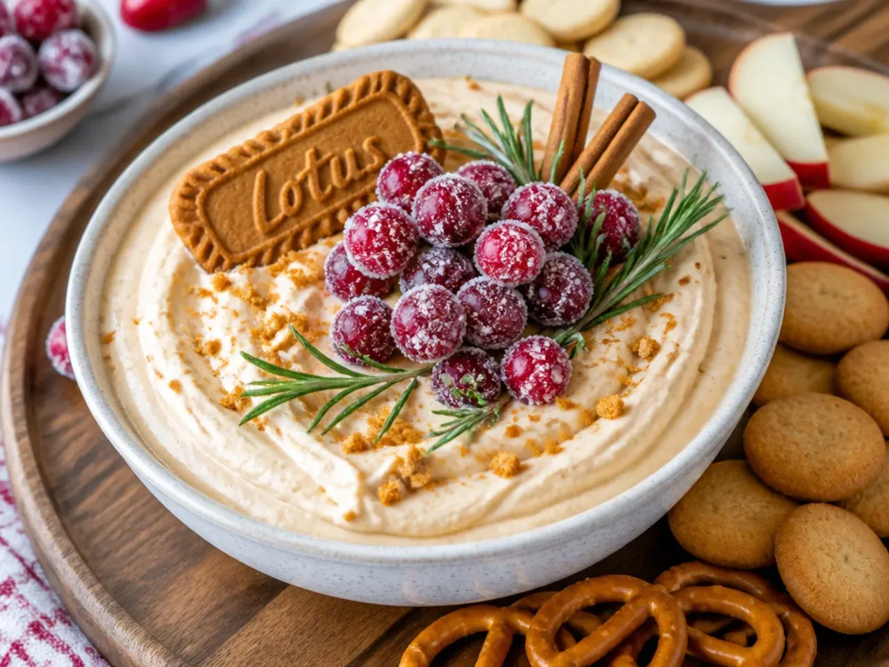 Festive holiday biscoff cheesecake dip with sugared cranberries, rosemary, and cinnamon