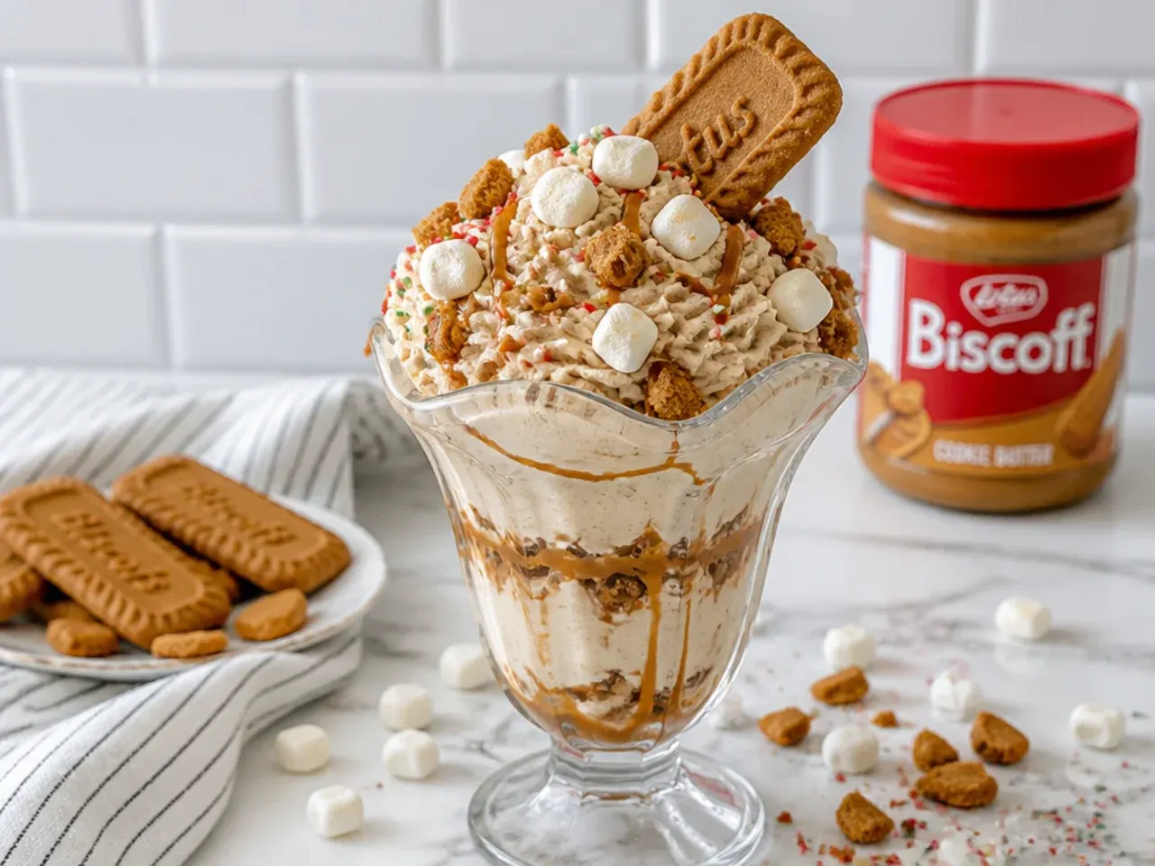 Whimsical biscoff cheesecake dip piled tall in a sundae glass with marshmallows and sprinkles