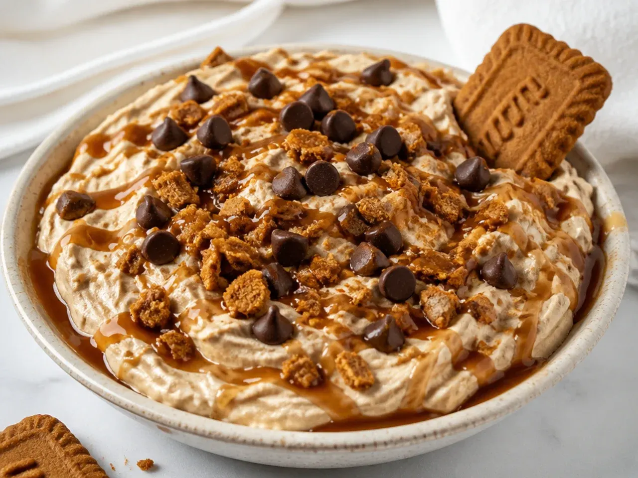 Bold biscoff cheesecake dip with chocolate chips, toffee bits, and espresso caramel drizzle