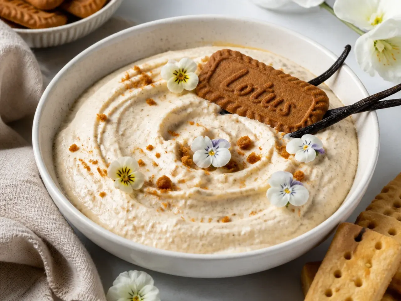 Delicate pale biscoff cheesecake dip with vanilla bean, edible flowers, and shortbread