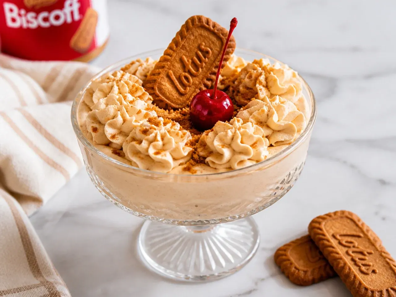 Vintage biscoff cheesecake dip in a cut-glass coupe with piped cream rosettes and a cherry