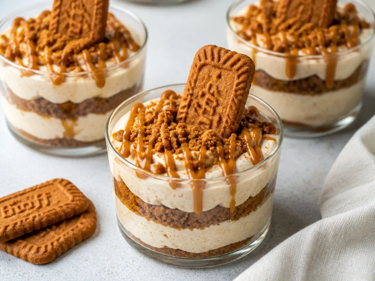 Creative layered biscoff cheesecake dip parfait cups with cookie crumbs and caramel