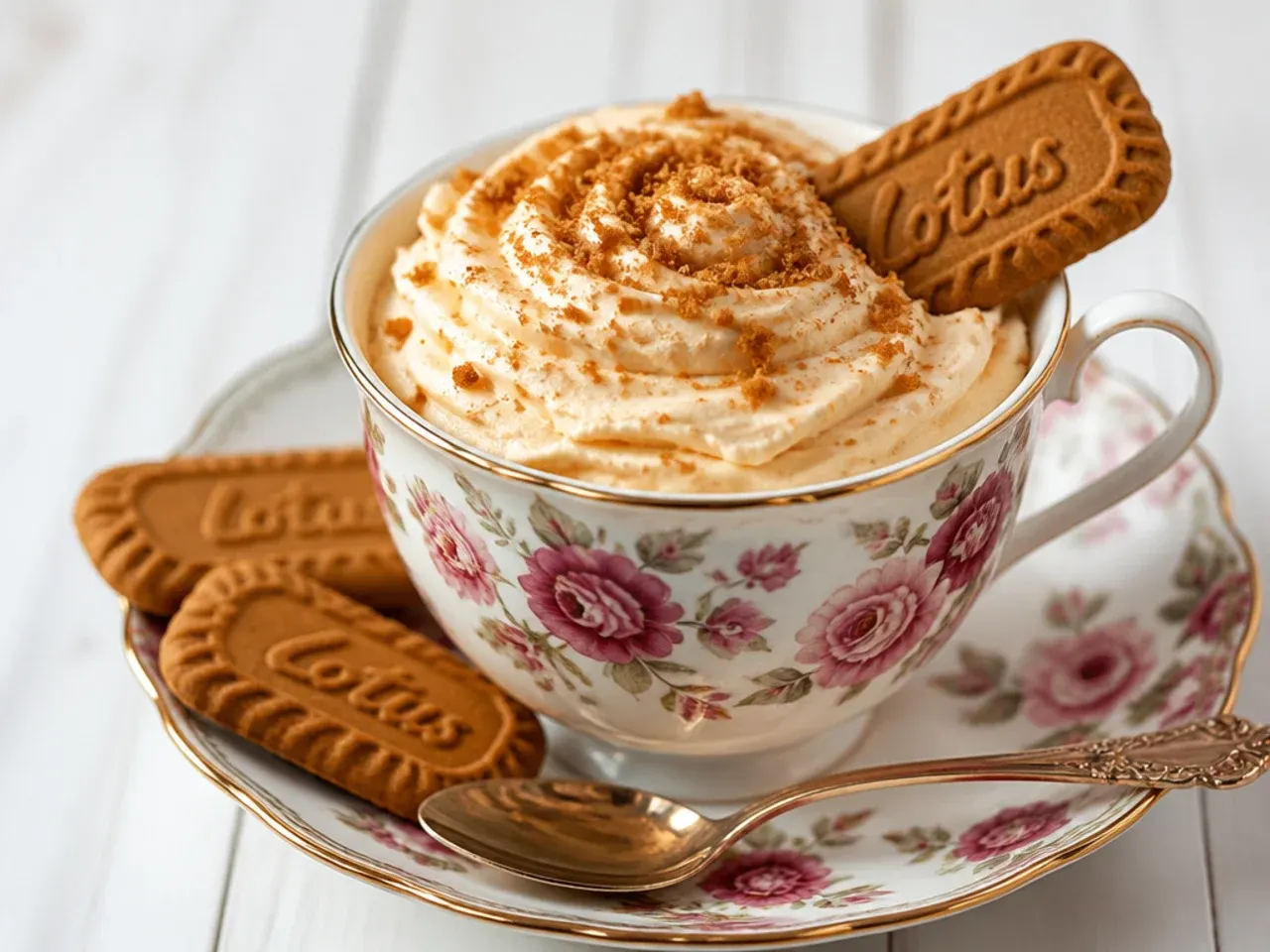Charming biscoff cheesecake dip served in a floral teacup with cookies on the saucer