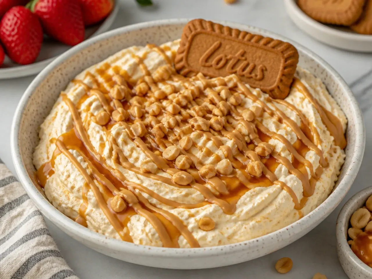 Peanut butter biscoff cheesecake dip topped with chopped peanuts and a double drizzle