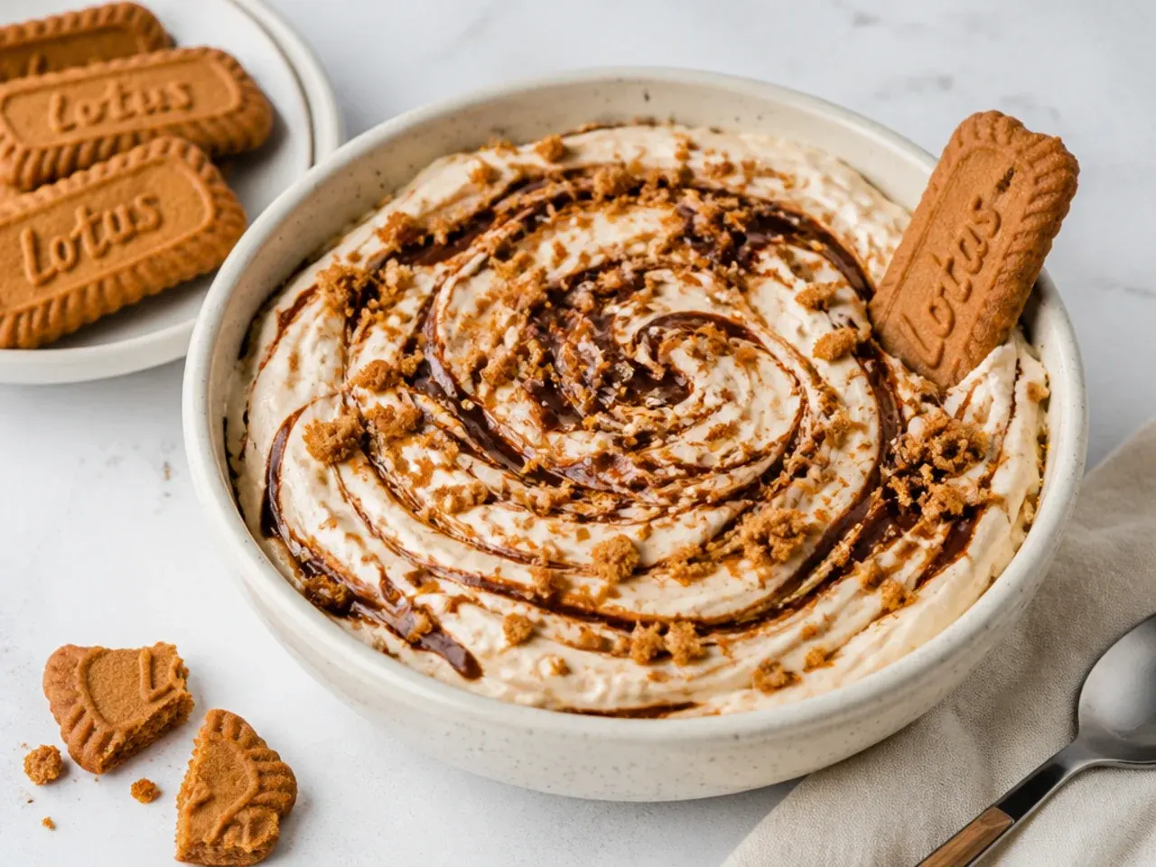Chocolate swirl biscoff cheesecake dip marbled with dark chocolate and cookie crumbs