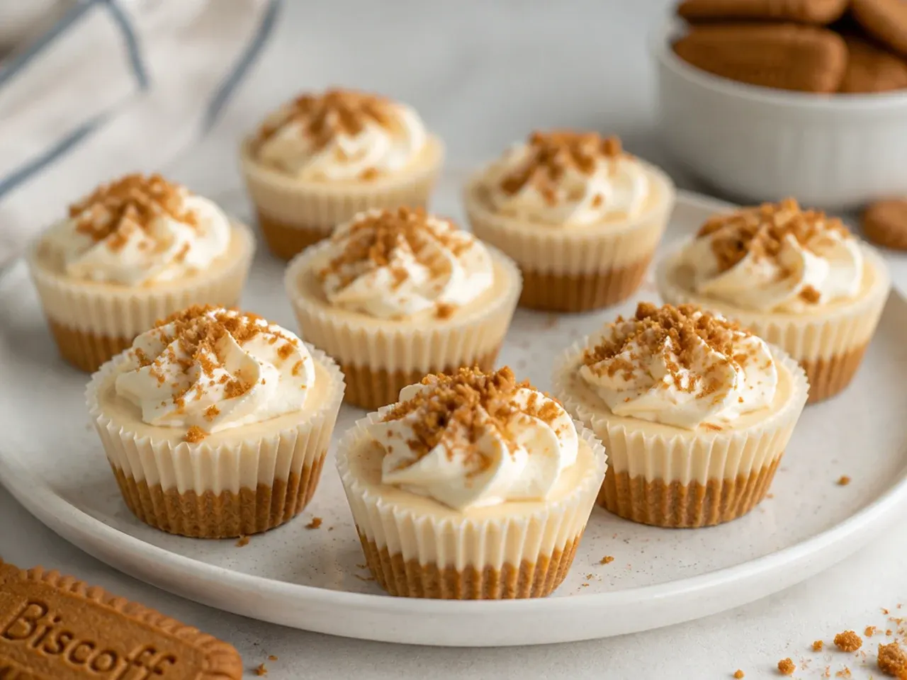 Frozen biscoff cheesecake dip bites in mini muffin cases on a Lotus cookie base