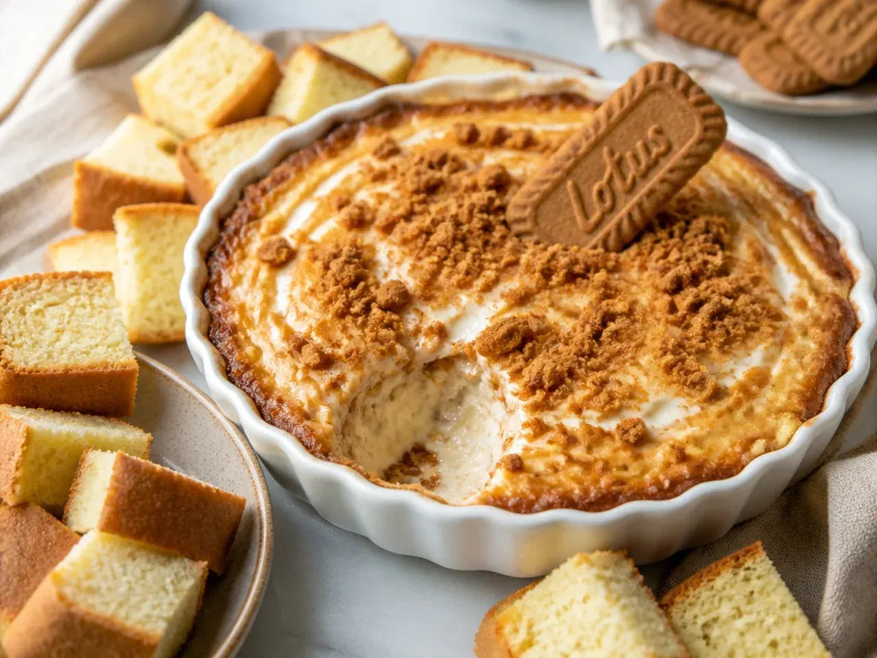 Warm melty biscoff cheesecake dip in an oven dish served with pound cake cubes for dunking