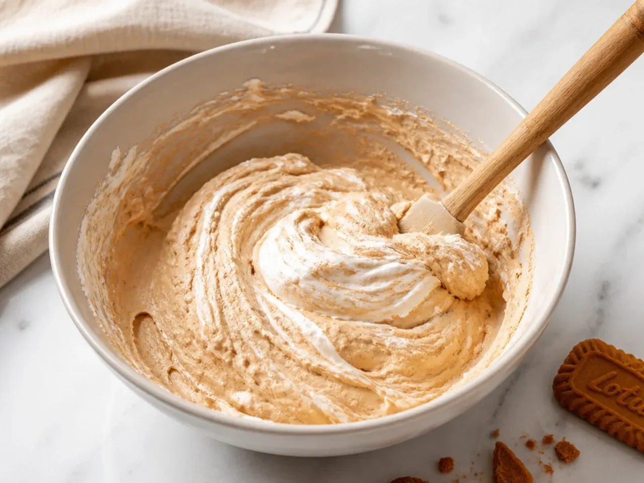 Pro tips for smooth biscoff cheesecake dip showing whipped cream folded into the cookie butter base