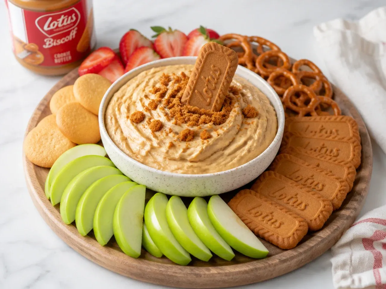 Biscoff cheesecake dip on a dessert board with cookies, apple slices, pretzels, and strawberries