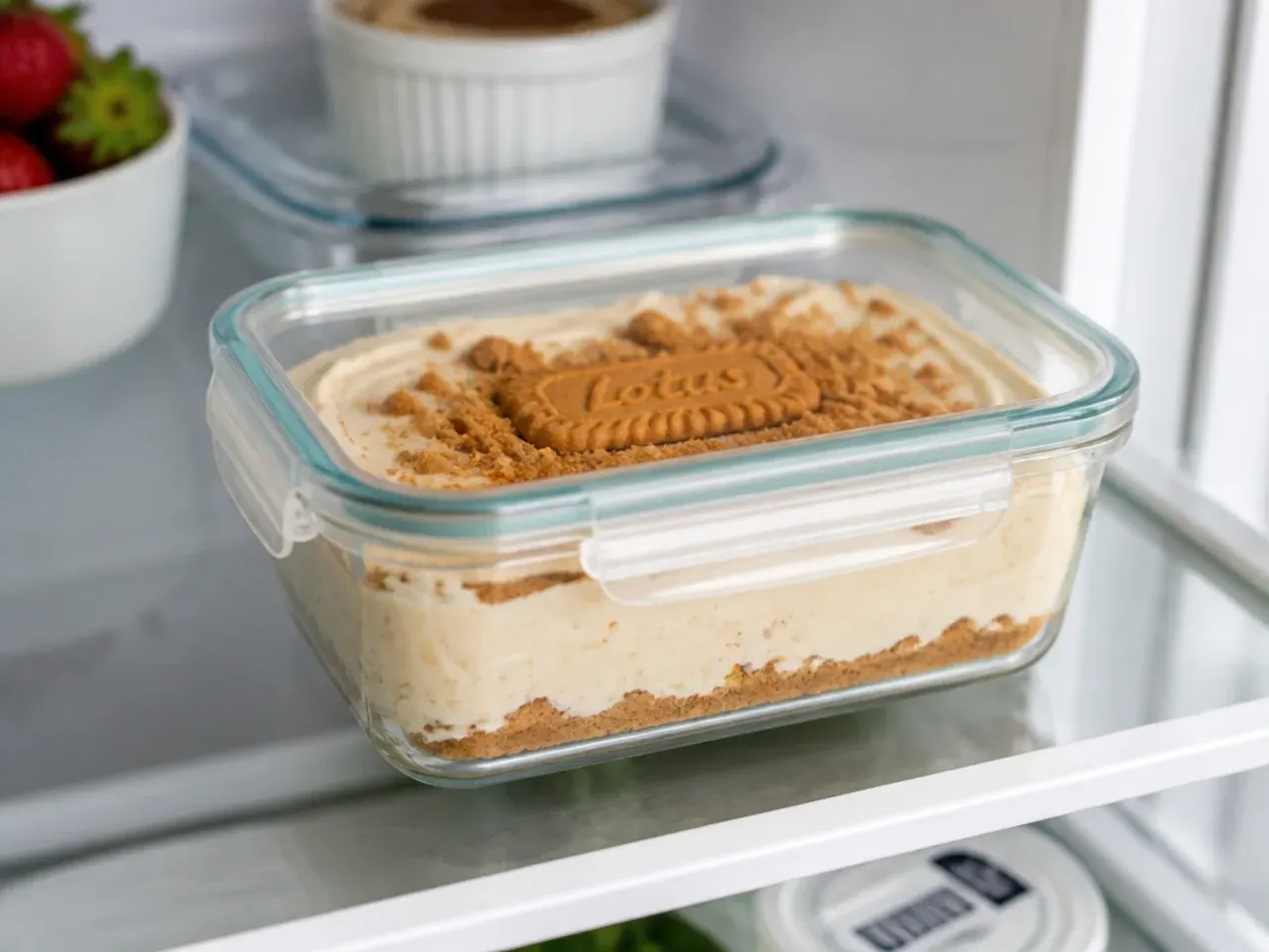 Biscoff cheesecake dip stored in an airtight container in the fridge for make-ahead serving