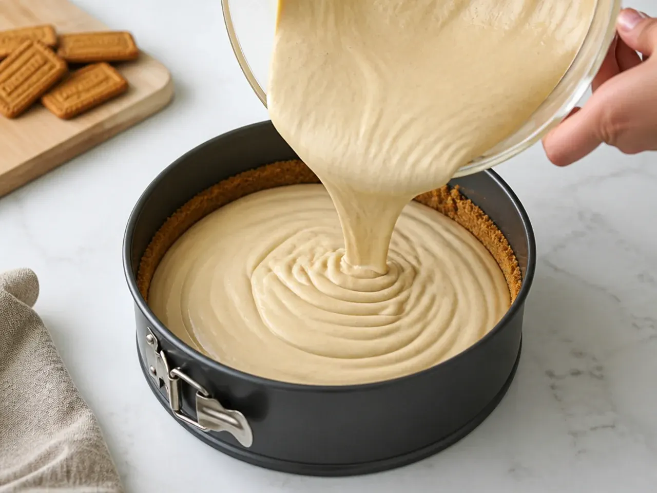 biscoff cheesecake for parties — step 4: fill the tin