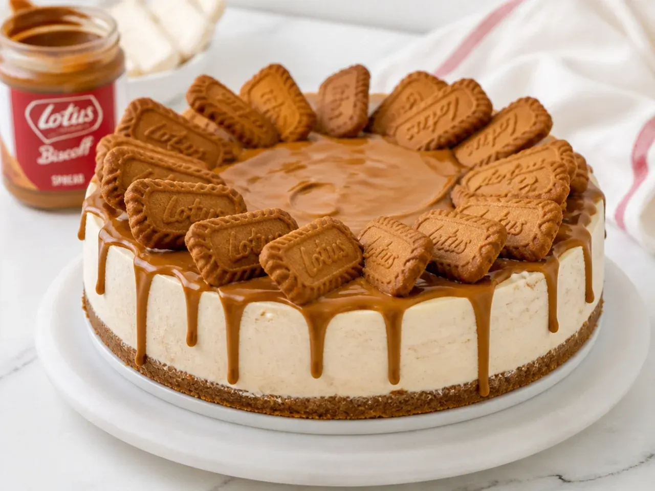 Whole no-bake biscoff cheesecake for parties topped with melted Biscoff spread and whole biscuits