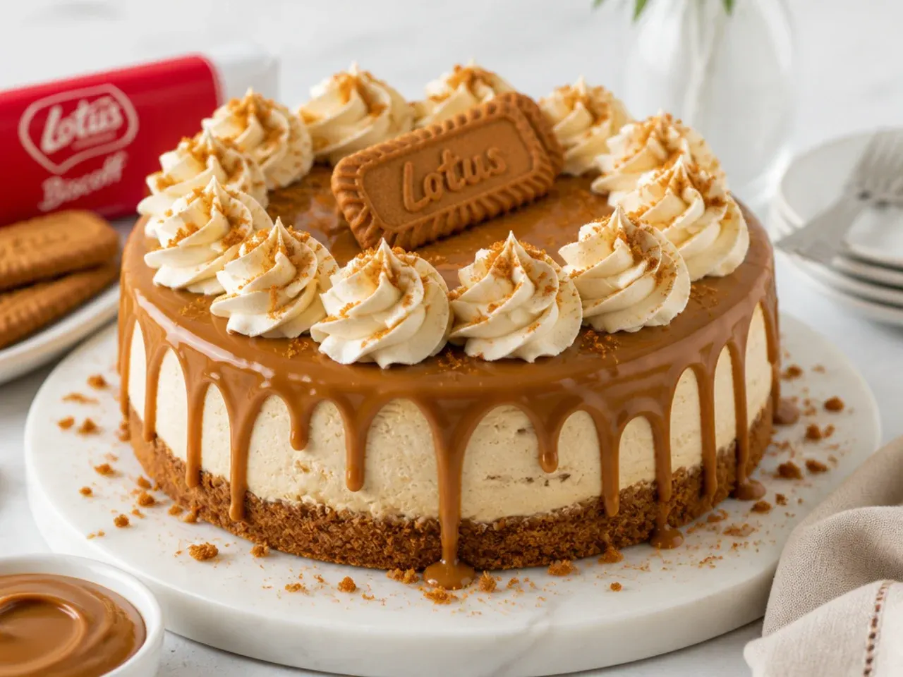 Classic biscoff cheesecake party centrepiece with melted spread topping and piped cream rosettes