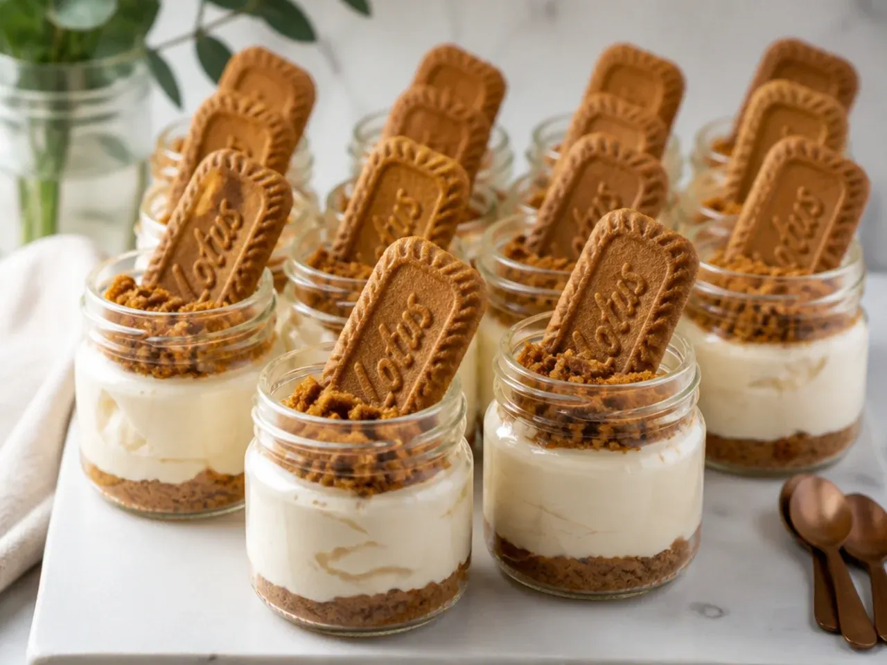 Individual biscoff cheesecake jars lined up for a party dessert table