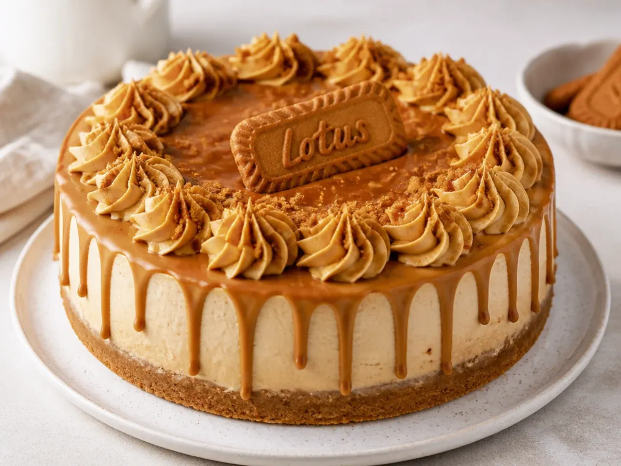 Elegant biscoff cheesecake with caramel-coloured drip edge and piped rosettes for a party