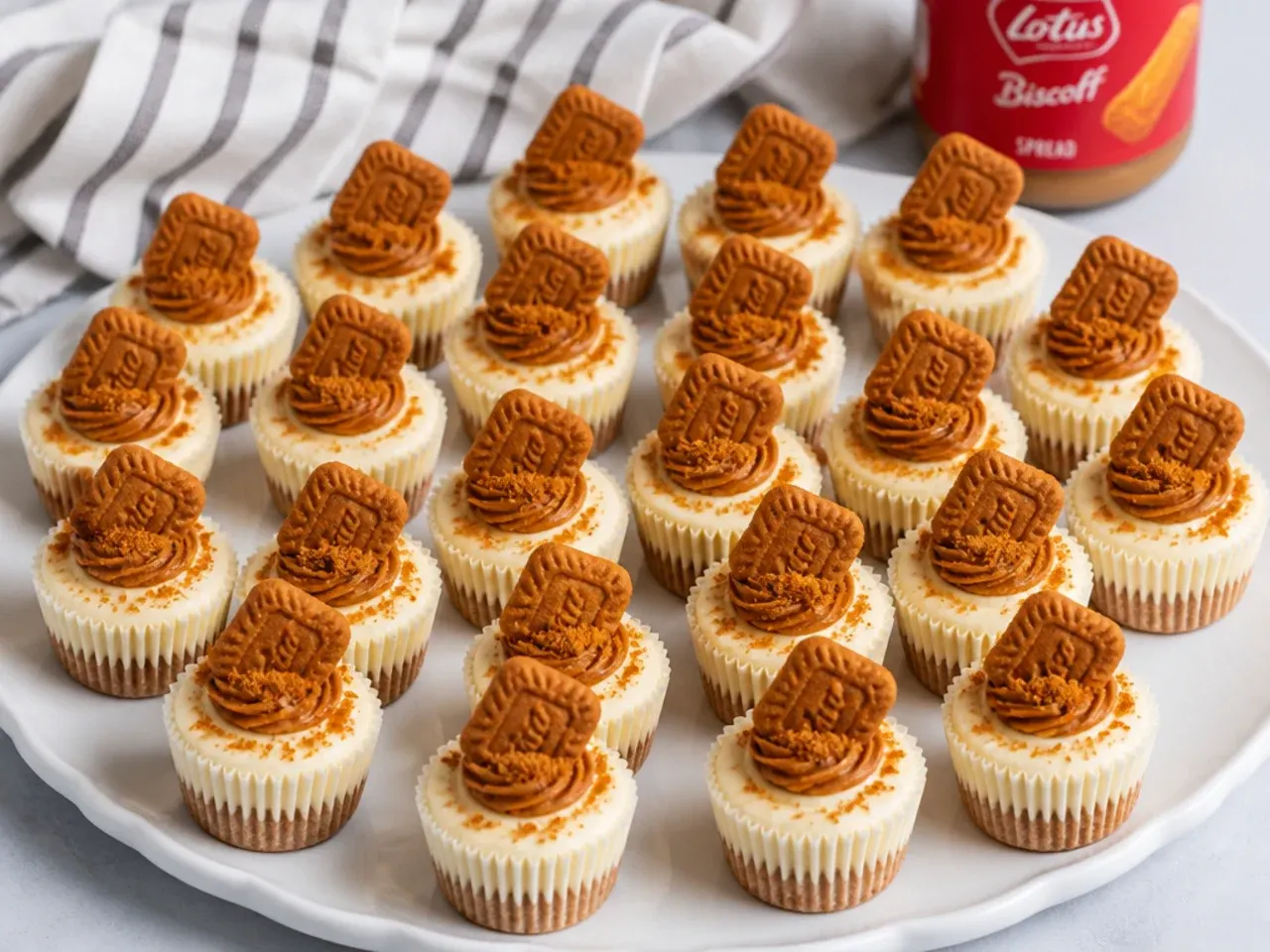 Two dozen mini biscoff cheesecake bites in paper cases for party guests
