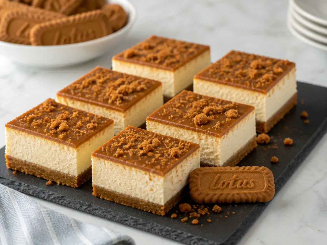 Modern biscoff cheesecake bars with clean sharp edges arranged on a slate for a party