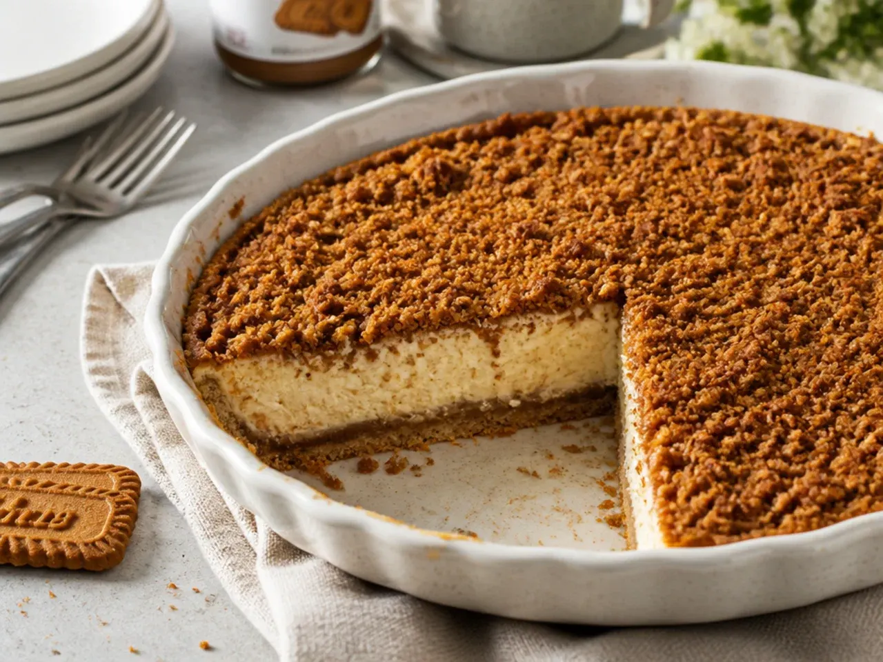 Rustic biscoff cheesecake in a ceramic pie dish with toasted crumble topping for a casual party