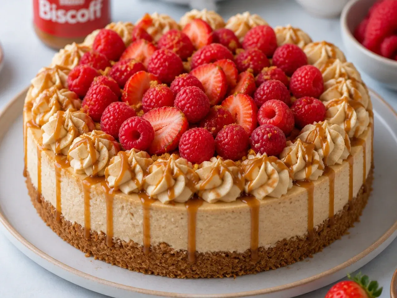 Colorful biscoff cheesecake for parties topped with fresh raspberries and strawberries
