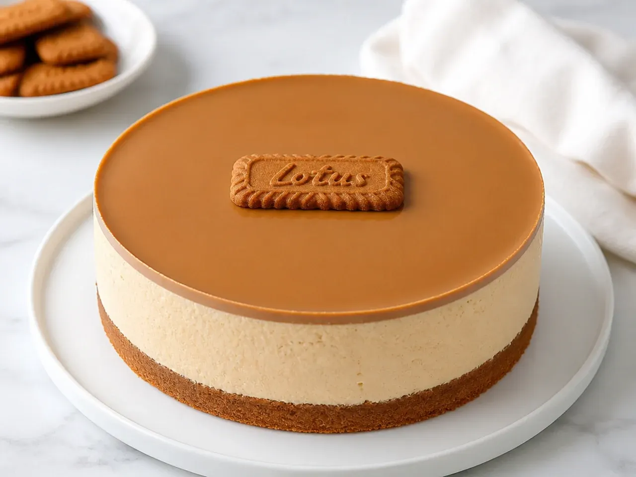 Minimal biscoff cheesecake with smooth top and single biscuit for an elegant party