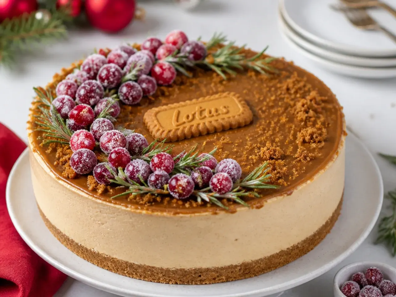 Festive biscoff cheesecake decorated with sugared cranberries and rosemary for a holiday party