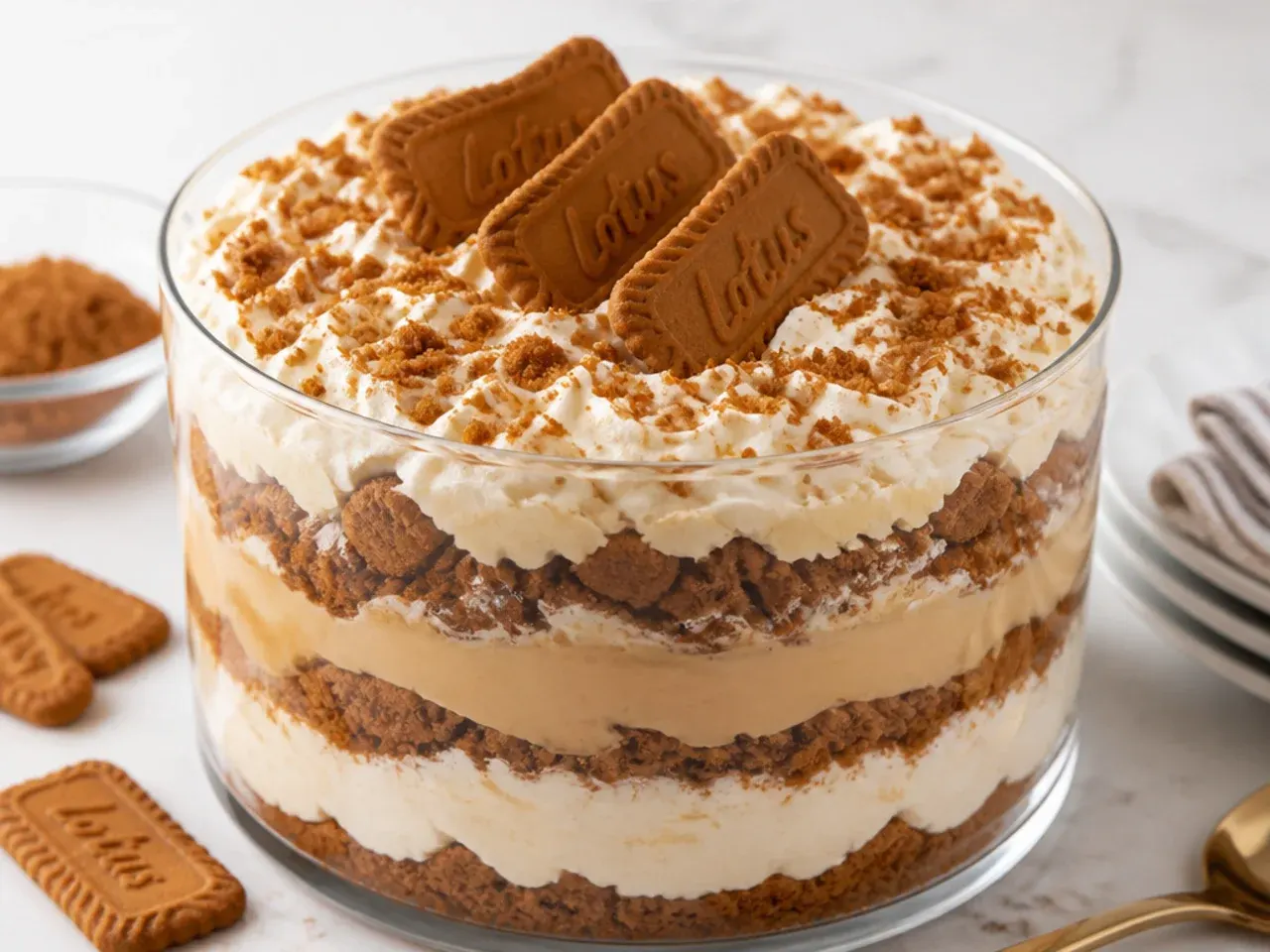 Biscoff cheesecake trifle in a glass bowl with visible layers for a party crowd