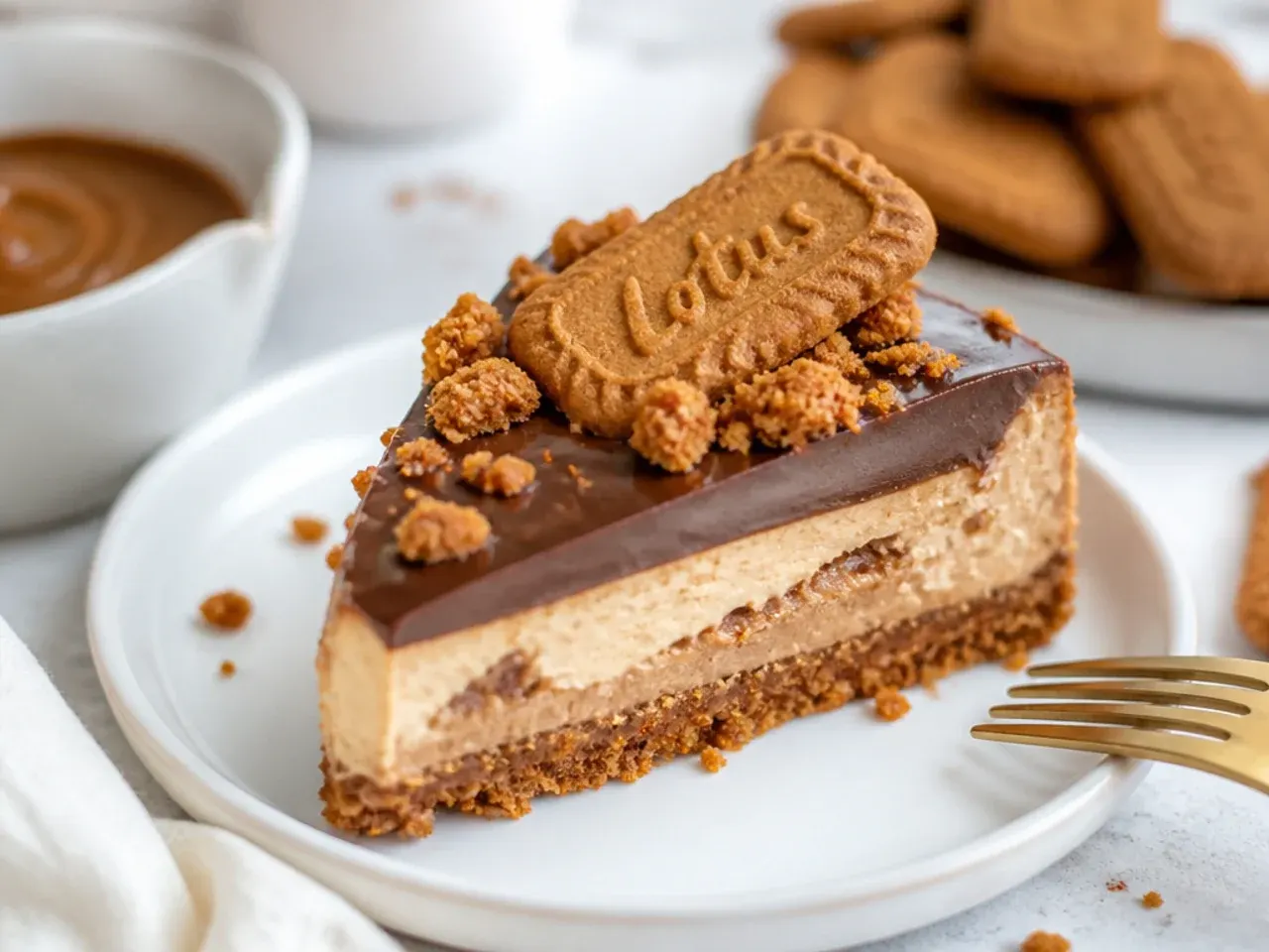 Bold chocolate biscoff cheesecake slice showing dark ganache layers for a party dessert