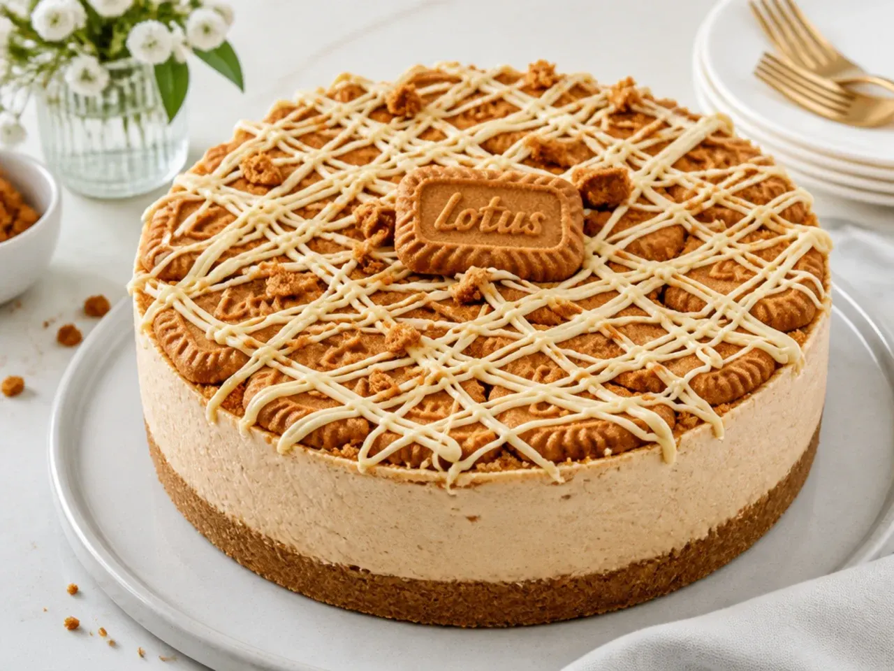 Delicate biscoff cheesecake with white chocolate lace drizzle for a shower party