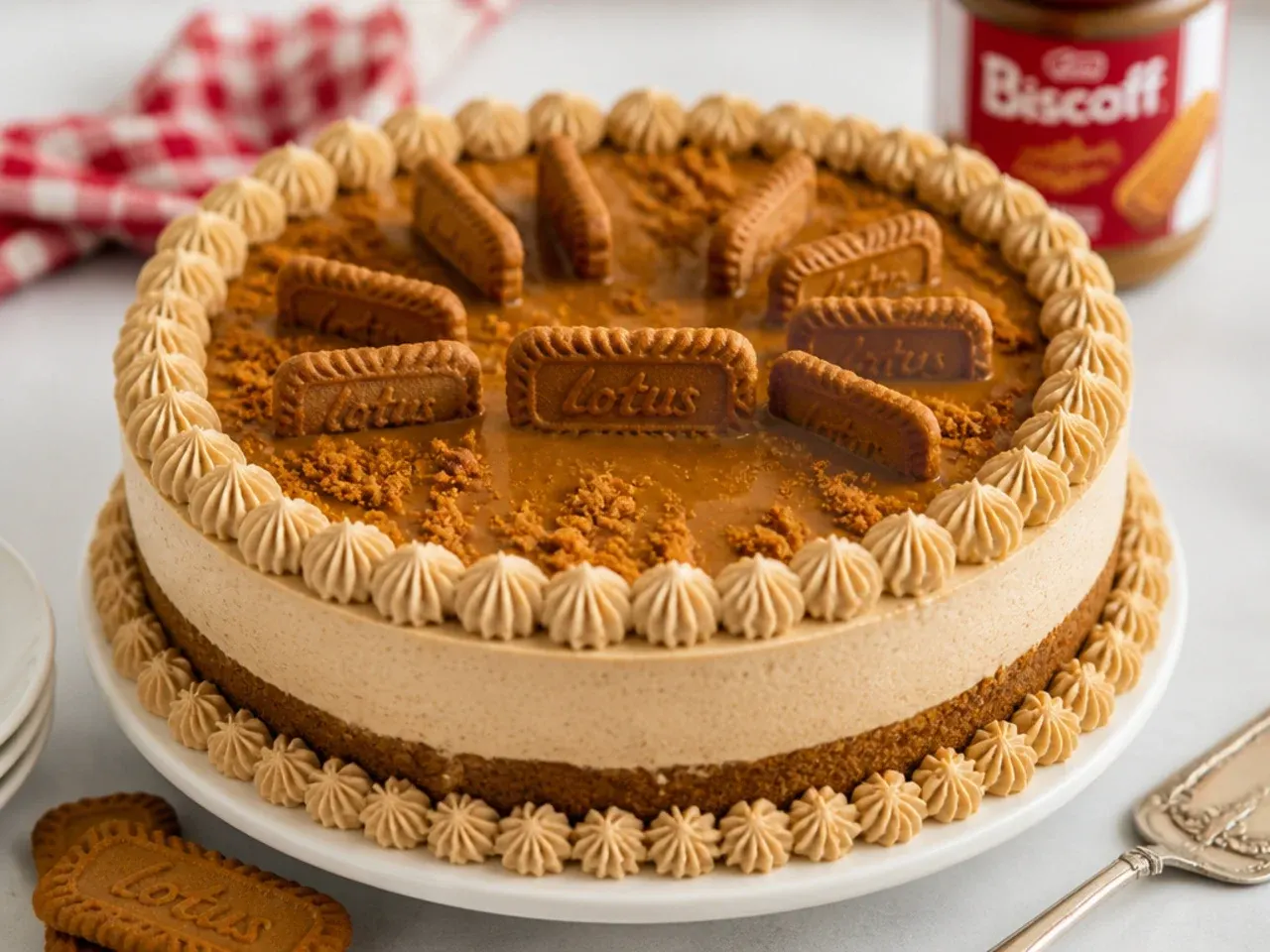 Vintage style biscoff cheesecake with piped shell borders for a celebration party