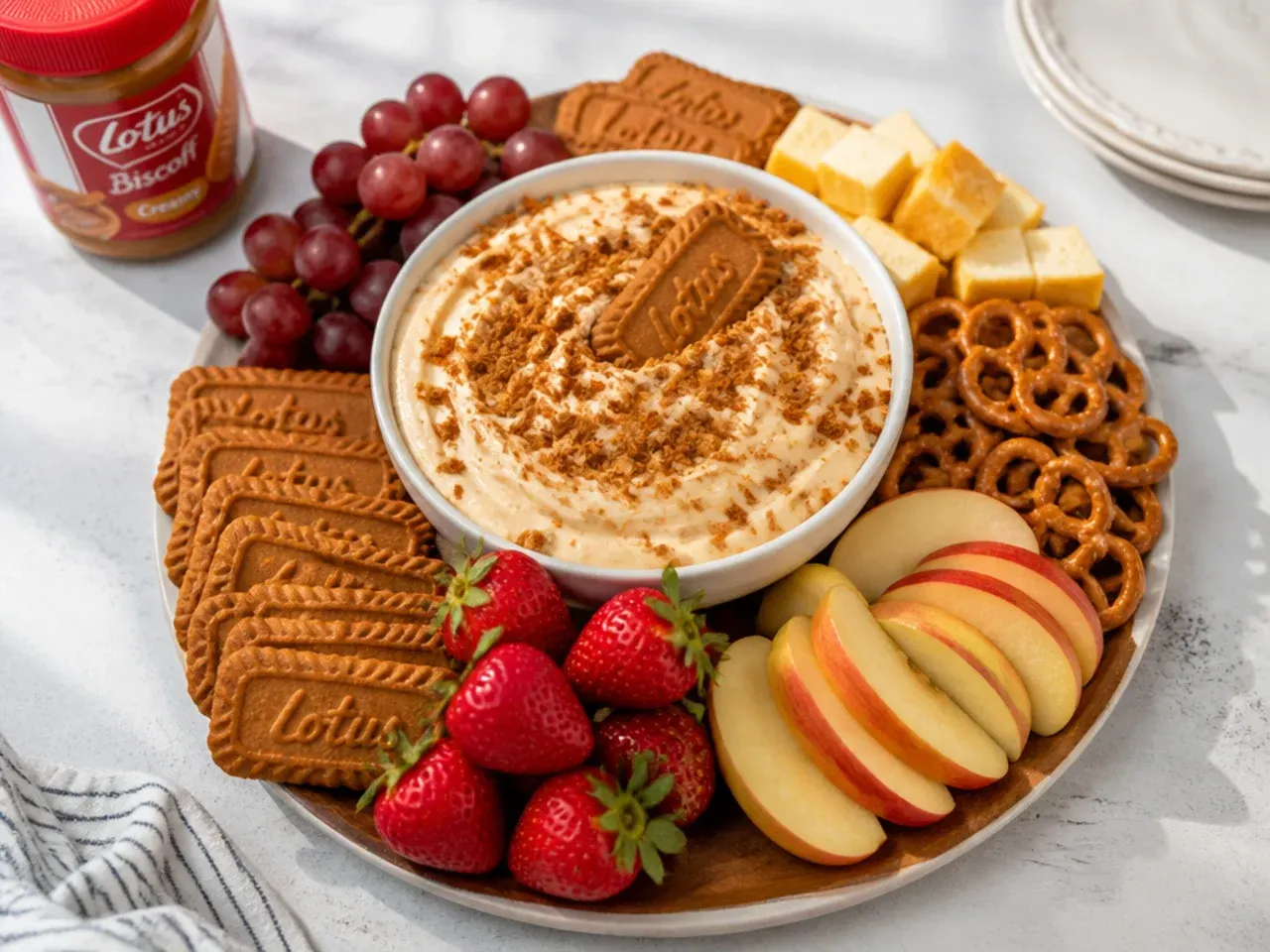 Biscoff cheesecake dip board surrounded by biscuits, fruit and pretzels for party dipping