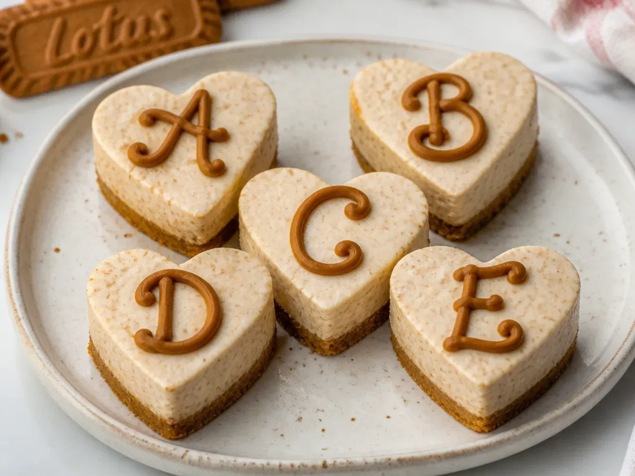 Heart shaped mini biscoff cheesecakes with piped initials for a charming party dessert