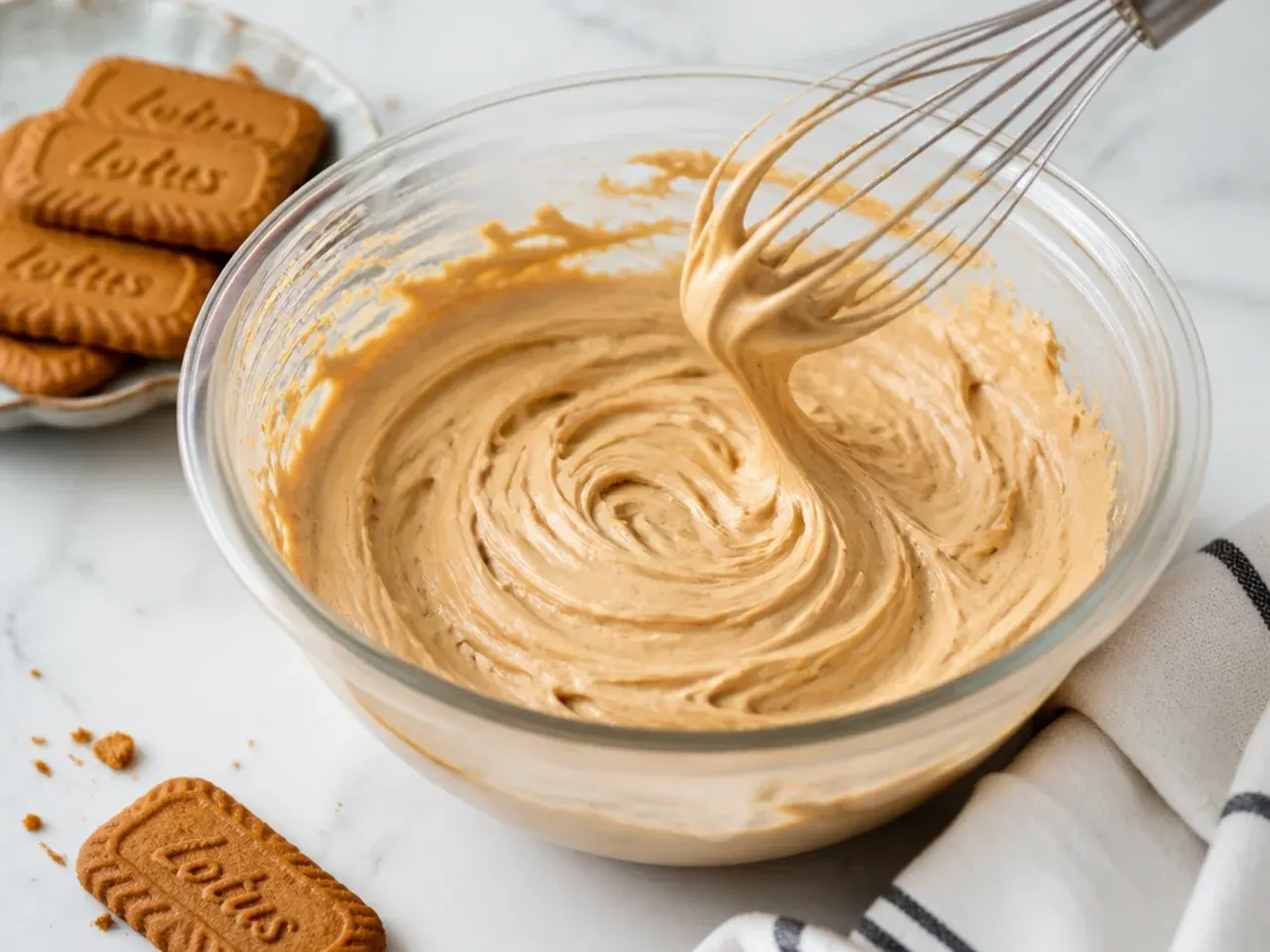Whipping thick biscoff cheesecake filling to soft-serve consistency for a party bake