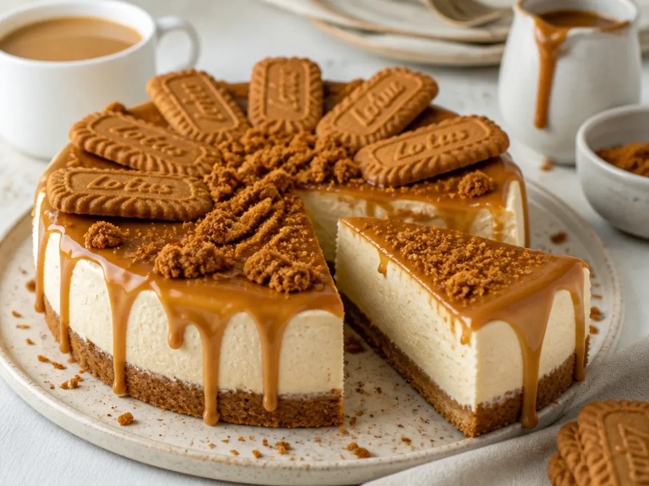 Sliced biscoff cheesecake served on a party table with coffee and caramel sauce