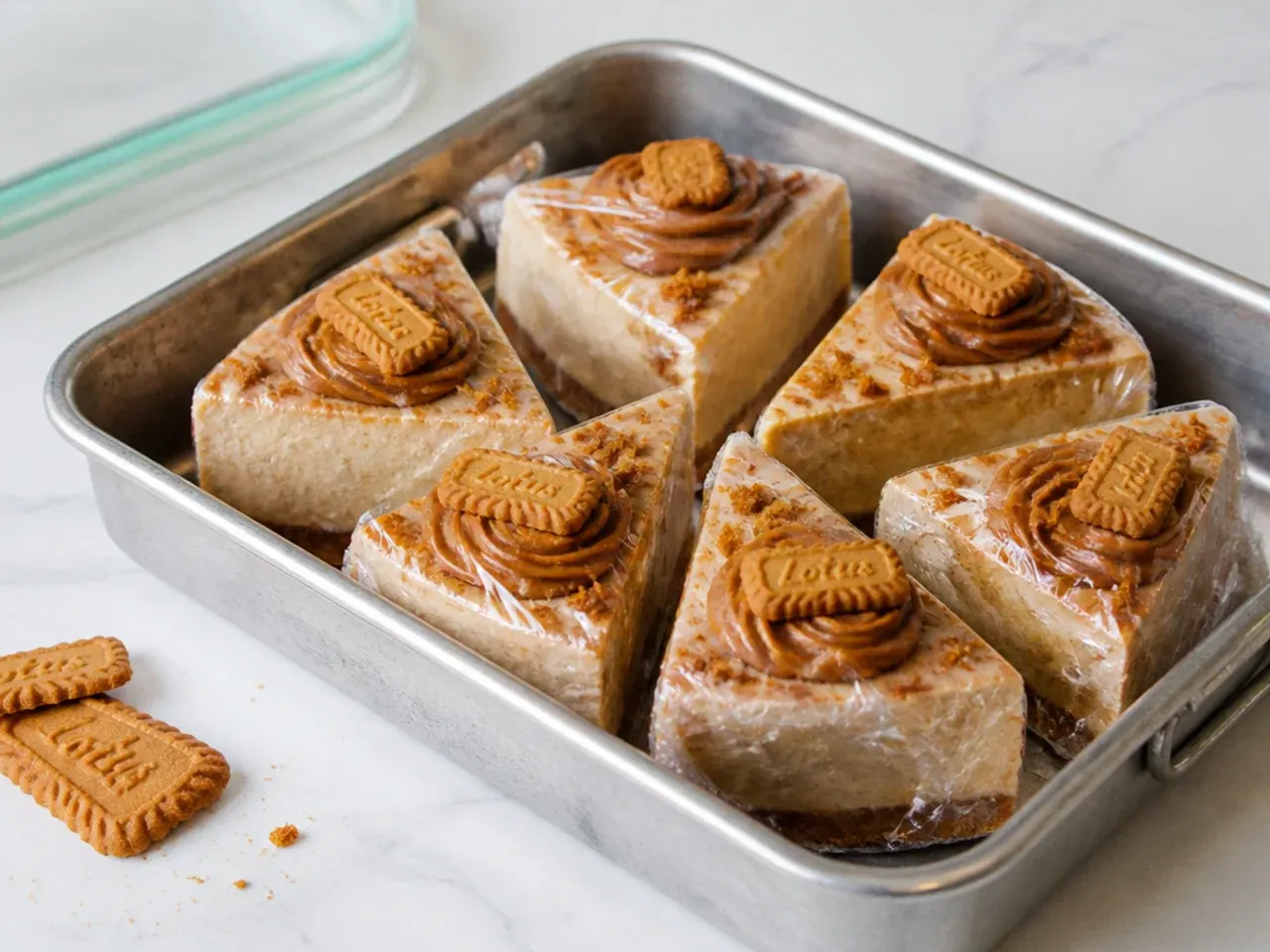 Wrapped biscoff cheesecake slices being stored for a make-ahead party dessert