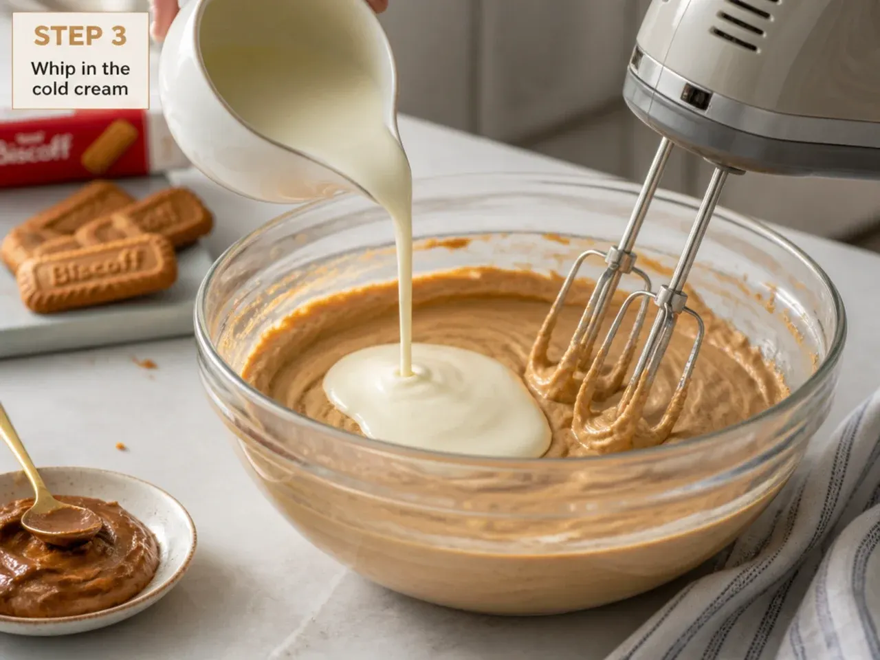 biscoff cheesecake how to — step 3: whip in the cold cream